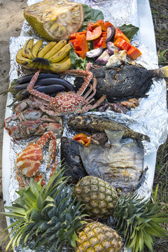 food for a picnic in the tropical seafood and fruits