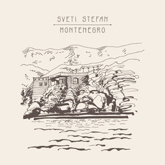 original sepia sketch drawing of Sveti Stefan island in Monteneg