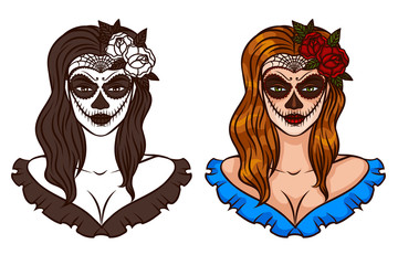 Mexican day of the dead. Vector girl makeup illustration. Makeup for Helloween
