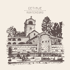 sepia hand drawing of Cetinje monastery - ancient capital in Mon