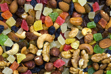 background mix of nuts and raisins shot close-up