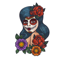 Mexican day of the dead. Vector girl makeup illustration. Makeup for Halloween. Tattoo, logo of the girl in Halloween style