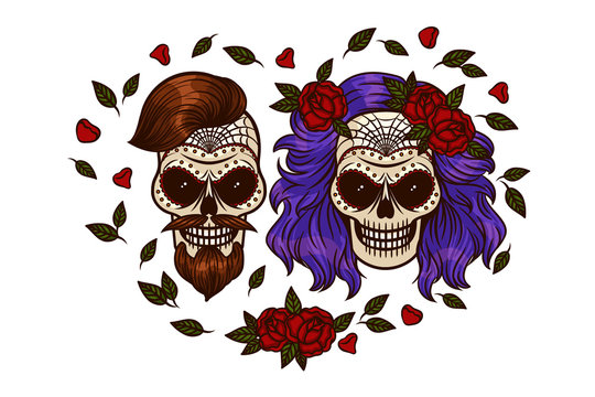 Set of vector images of the Mexican day for the dead. Drawing on the skull. Bride and groom on Halloween. Skull and Flowers.