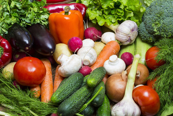 Background of fresh vegetables and greens closeup