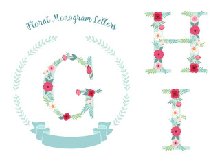Cute vintage laurel wreath with monogram letters decorated with hand drawn rustic flowers