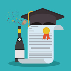 Graduation cap bottle and diploma icon. University school and education theme. Blue background design. Vector illustration