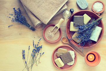 Spa background, aroma therapy concept, lavender natural cosmetic products, view from above, stylized photo