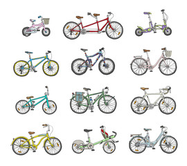 Obraz premium Big hand drawn set of different bicycles. 