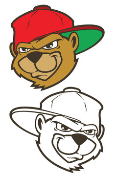 Cool brown cartoon hip hop bear character with cap. Vector clip art illustration