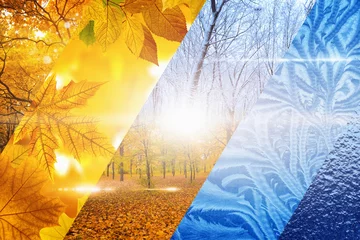 Fototapete Wasserfälle Fall turns to winter. Vibrant colorful images of different time of year - fall and winter.  © IgorZh