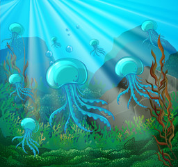 Fototapeta na wymiar Scene with jellyfish swimming underwater