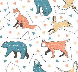 Seamless pattern with star animals. Vector hipster background with star sky. Fashion design for fabric, wallpaper or gift wrap. © Utro na more