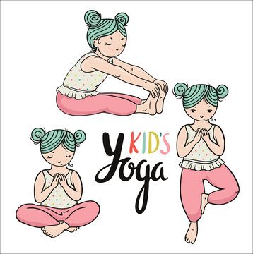 Kid yoga logo. Gymnastics for children. Healthy lifestyle poster. Vector illustration. Three girls in yoga poses. Sport and meditation elements.