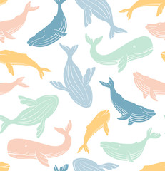 Sperm whale seamless pattern. Colorful whale vector background. Great underwater dweller. Ornament for fabric marine style.