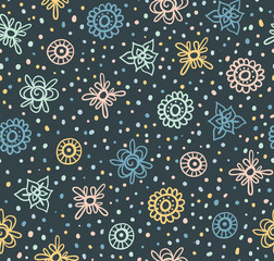 Vector seamless cute beautiful minimalistic graphical flower pattern. Indian paisley motifs, gentle romantic background, floral print, regular, geometric, dots.