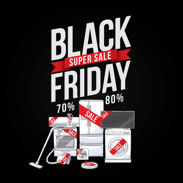 Black Friday Sale advertising poster for shopping electric appliance with discount 70%-80%. Vector illustration