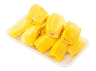 Closeup Yellow jackfruit on foam tray on white background