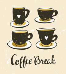 Stylish illustration with still life of coffee. Set of coffee cups. Hipster poster design. Vector background with space elements and lettering 