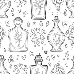 Seamless pattern of hand-painted decorative bottles. Vector graphics. The pattern for the coloring books.