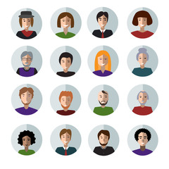 Set of People Faces Flat Icons.