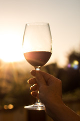 Weinglas in Frauenhand, Abendsonne mit Sonnenstrahlen