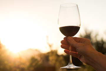 Weinglas in Frauenhand, Abendsonne mit Sonnenstrahlen