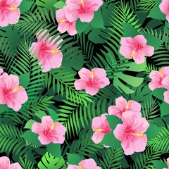 Seamless pattern with exotic hibiscus flowers and palm leaves. Endless tropical texture.
