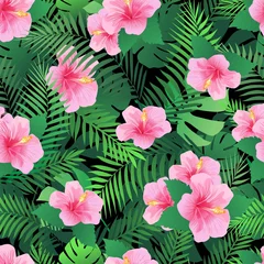 Fotobehang Tropische Bladeren Seamless pattern with exotic hibiscus flowers and palm leaves. Endless tropical texture.  © olechkaart