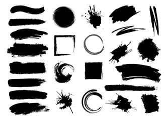 Set of hand drawn brushes and design elements. black paint, ink brush strokes. Grunge circle, square. Artistic creative shapes. Vector illustration.