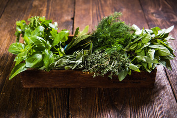 Fresh herbs in wooden rustic box