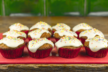 Tray of iced cupcakes decorated with colorful candy sprinkles ready for a party or on display in a bakery, side view