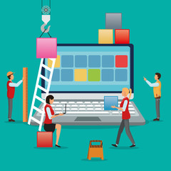 Avatar people with blocks and laptop icon. Industry app and construction theme. Colorful design. Vector illustration