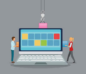 Avatar people with blocks and laptop icon. Industry app and construction theme. Colorful design. Vector illustration