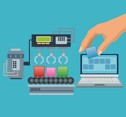 Hand with blocks and laptop icon. Industry app and construction theme. Colorful design. Vector illustration