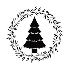 Pine tree and leaves crown icon. Merry Christmas season decoration figure theme. Black and white design. Vector illustration