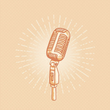 Retro golden microphone. Hand drawn retro illustration with sunburst. Suitable for banner, ad, t-shirt design. Vintage design element