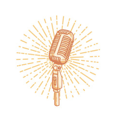 Retro golden microphone. Hand drawn retro illustration with sunburst, isolated on white. Suitable for banner, ad, t-shirt design. Vintage design element