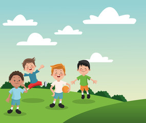 Obraz na płótnie Canvas Group of happy boys cartoon kids. Childhood student and happyness theme. Colorful design. Vector illustration