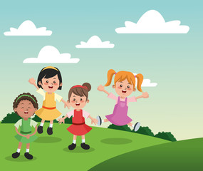 Obraz na płótnie Canvas Group of happy girls cartoon kids. Childhood student and happyness theme. Colorful design. Vector illustration