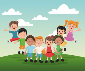 Obraz na płótnie Canvas Group of happy girls and boys cartoon kids. Childhood student and happyness theme. Colorful design. Vector illustration