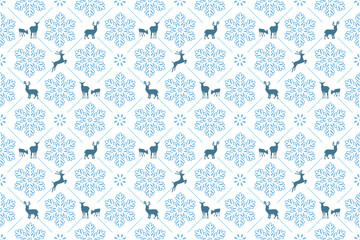 Winter Holiday pattern with Christmas snowflakes and reindeer. Print colors used.
