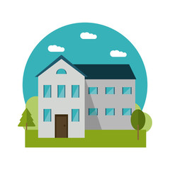 Home building with clouds and trees icon. House architecture family and real estate theme. Colorful design. Vector illustration