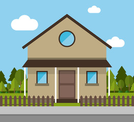 Home building with clouds and trees icon. House architecture family and real estate theme. Colorful design. Vector illustration