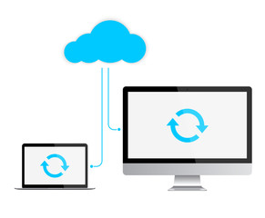 Mockup of Laptop and all in one Computer connected to the Cloud