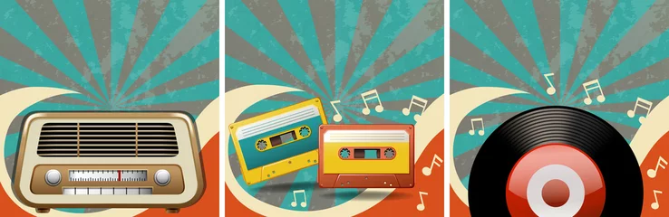 Retro-Hintergrunddesign mit altem Radio und Kassetten © blueringmedia