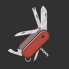 Red Swiss Folding knife flat icon vector; Multi-tool instrument sign vector isolated