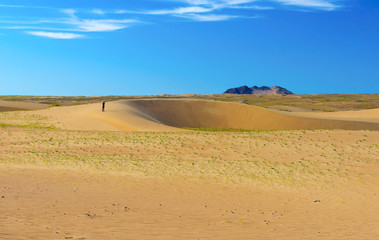 Silhouette of a traveller on a dune