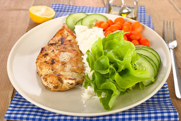 Putensteak mit Reis und Salat