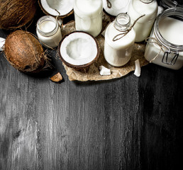 Coconut milk in bottles.