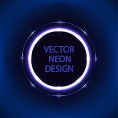 Bright colors shining neon blue circle lights. Vector round frame,banner.